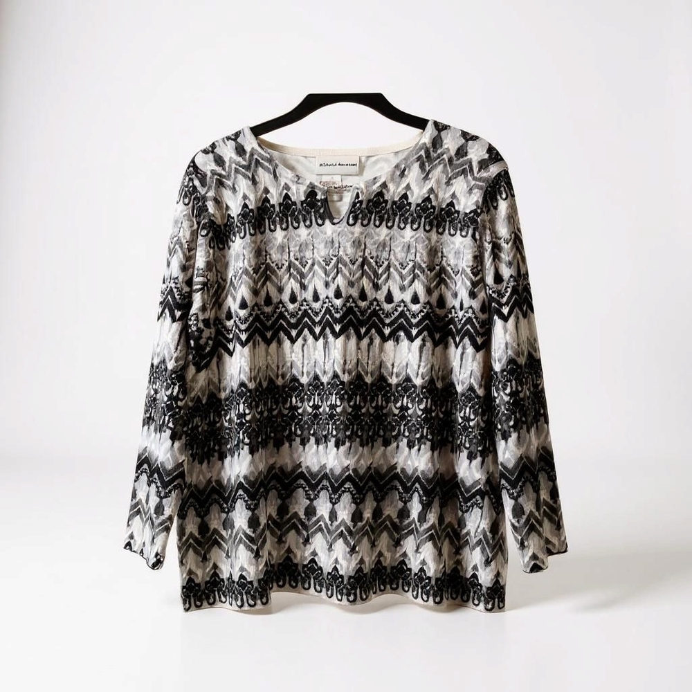 Alfred Dunner Knit w Bead Accent at Split Neckline in Biadere Print